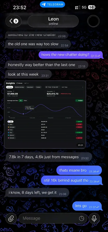 A member telling us $7,868 in 7 days with a new chatter